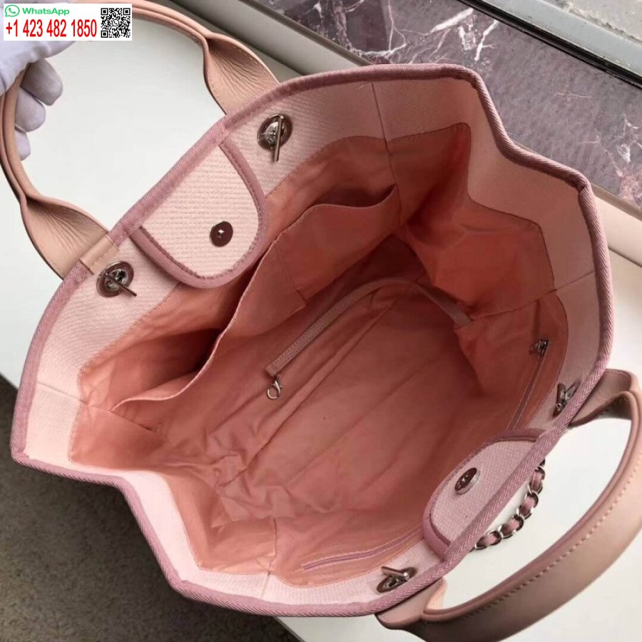 Replika Chanel 1:1 Speil Deauville Tote 38cm Lerretsveske Luksus A66941 Rosa/hvit