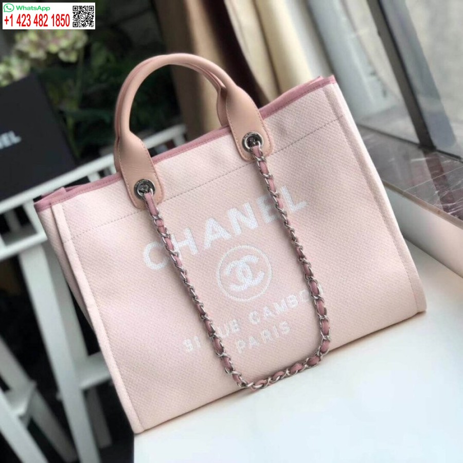 Replika Chanel 1:1 Speil Deauville Tote 38cm Lerretsveske Luksus A66941 Rosa/hvit