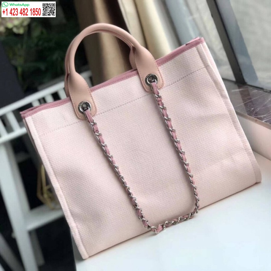 Replika Chanel 1:1 Speil Deauville Tote 38cm Lerretsveske Luksus A66941 Rosa/hvit
