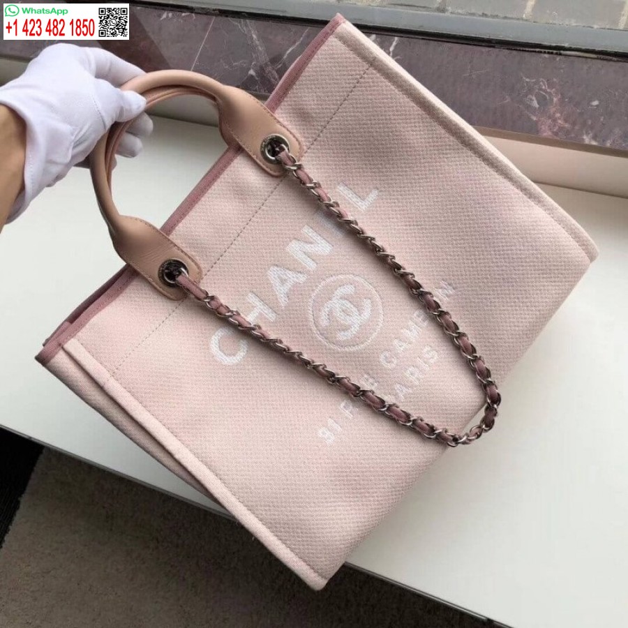Replika Chanel 1:1 Speil Deauville Tote 38cm Lerretsveske Luksus A66941 Rosa/hvit