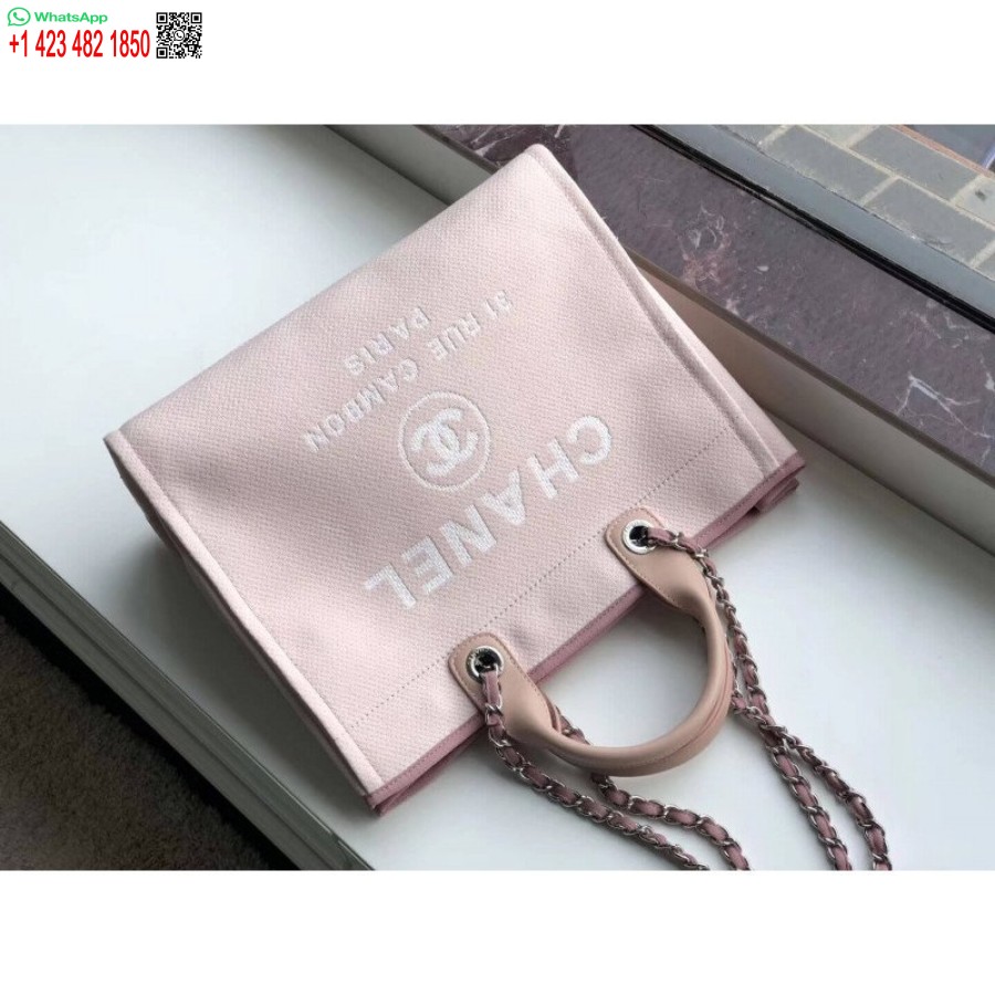 Replika Chanel 1:1 Speil Deauville Tote 38cm Lerretsveske Luksus A66941 Rosa/hvit