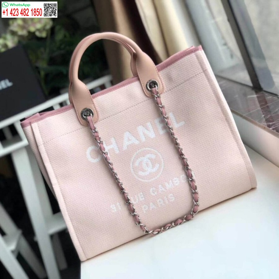 Replika Chanel 1:1 Spejl Deauville Tote 38cm Lærredstaske Luksus A66941 Pink/hvid