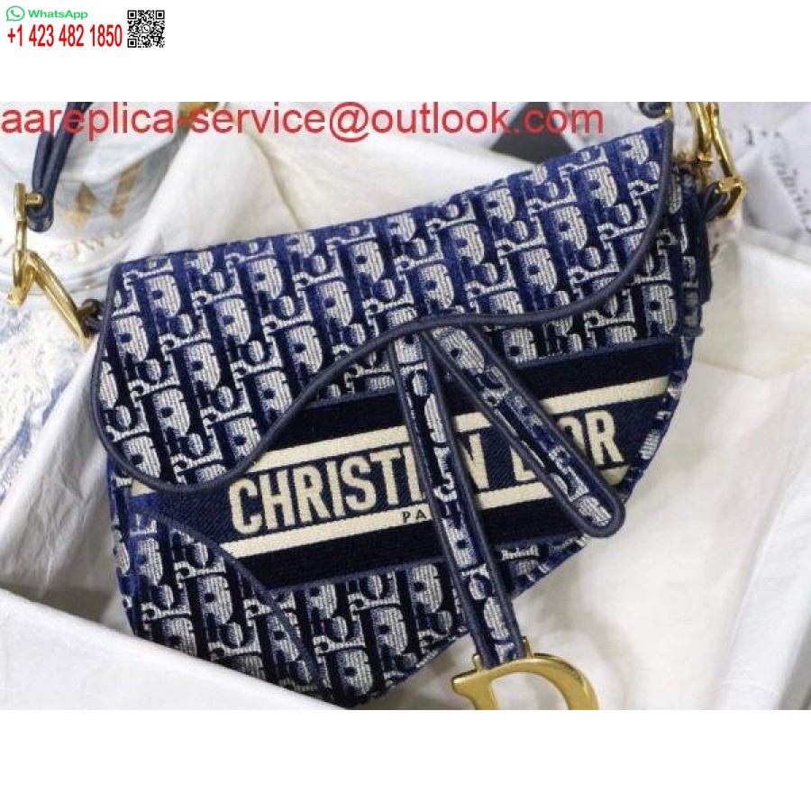 نسخة طبق الأصل من حقيبة Dior M0446 Dior Saddle باللون الأزرق من قماش Dior Oblique Jacquard