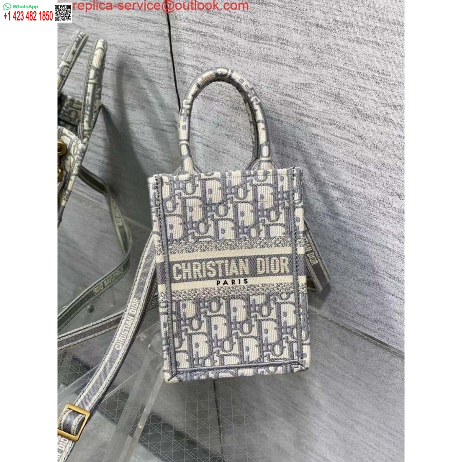 نسخة طبق الأصل من Dior S5555 Mini Dior Book Tote حقيبة هاتف رمادية اللون مطرزة بشكل مائل