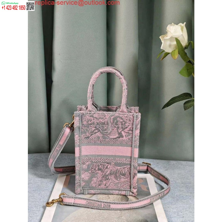 نسخة طبق الأصل من Dior S5555 Mini Dior Book Tote حقيبة الهاتف باللون الرمادي والوردي Toile De Jouy التطريز العكسي