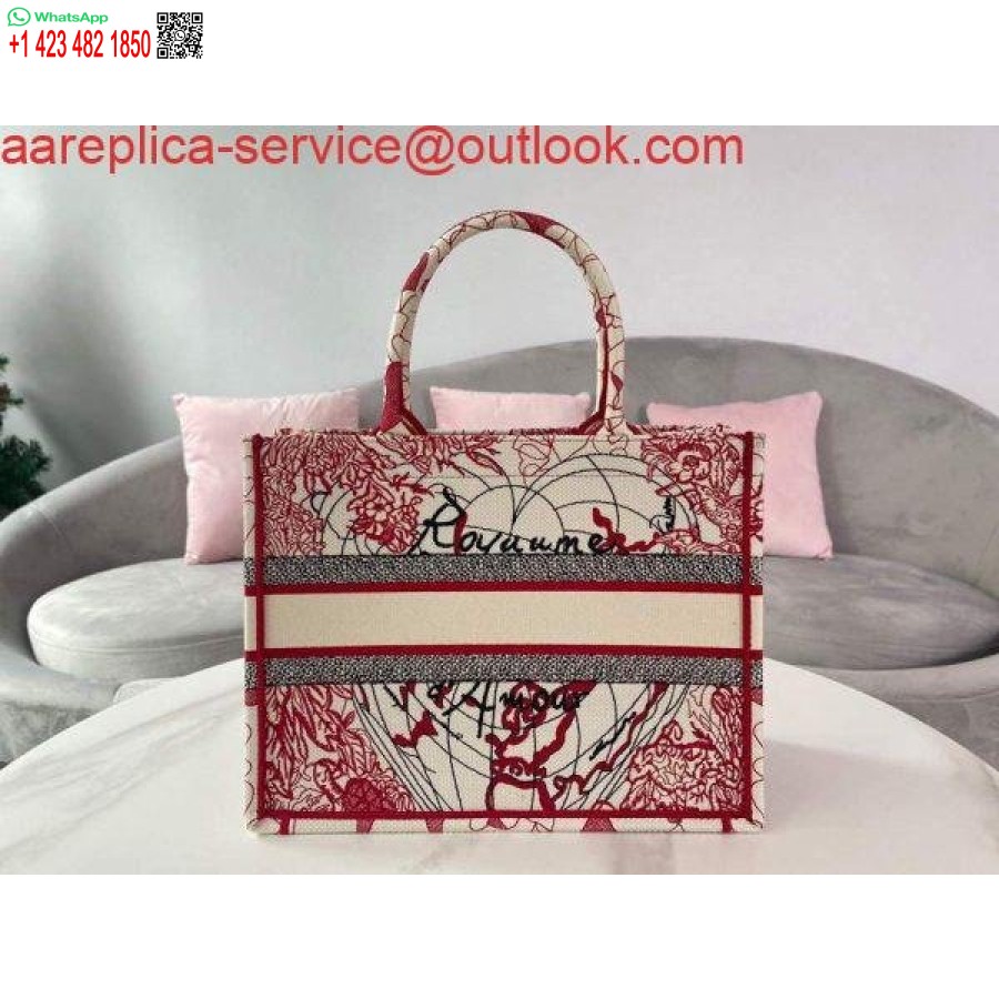 نسخة طبق الأصل من Dior M1296 حقيبة كتب Dior صغيرة باللونين الأحمر والأبيض D-royaume D'amour مطرزة باللونين الأحمر والأبيض