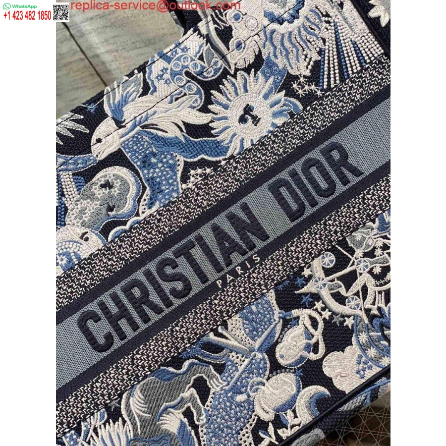 نسخة طبق الأصل من Dior M1296 حقيبة كتب متوسطة الحجم مطرزة باللون الأزرق متعدد الألوان زودياك فانتاسيكو