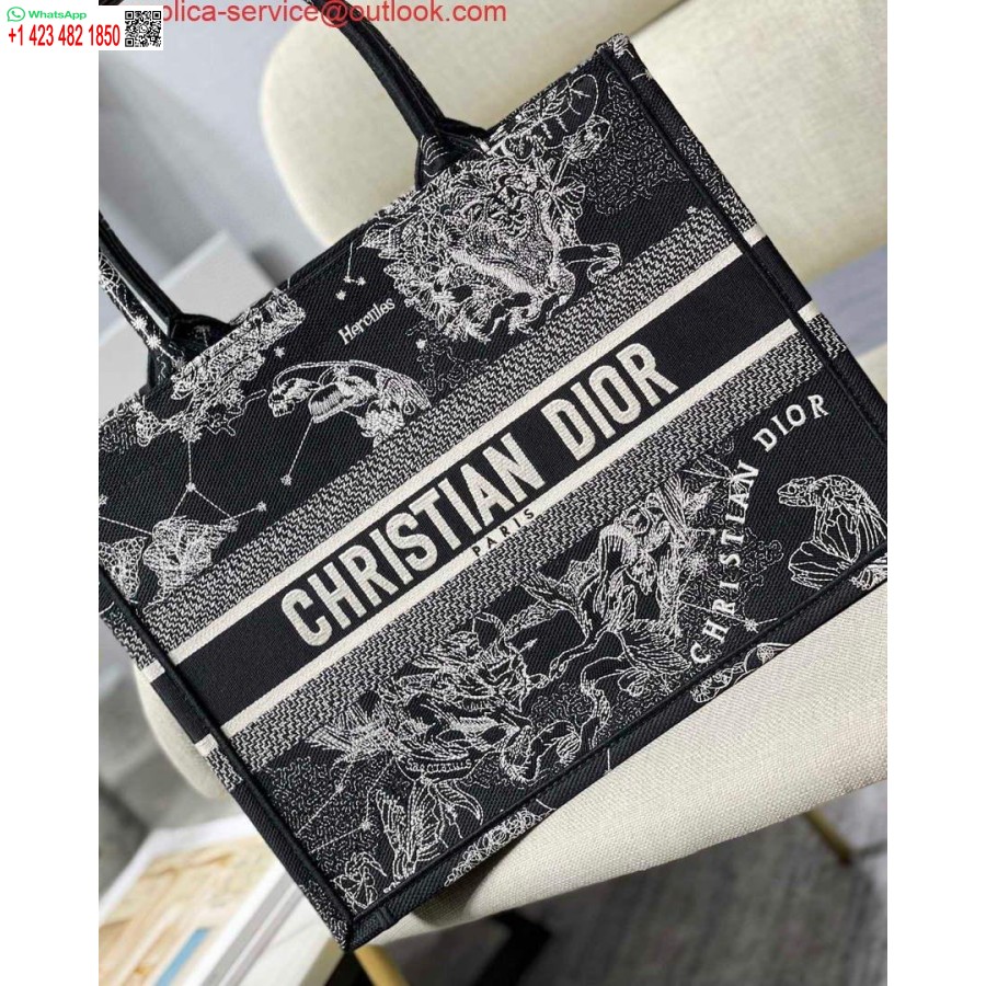 Replica Dior M1296 Borsa A Libro Media Nera Toile De Jouy Zodiac Latte Ricamo