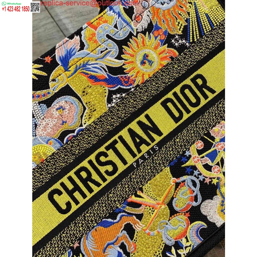 نسخة طبق الأصل من Dior M1296 حقيبة كتاب متوسطة سوداء متعددة الألوان تطريز زودياك فانتاكو