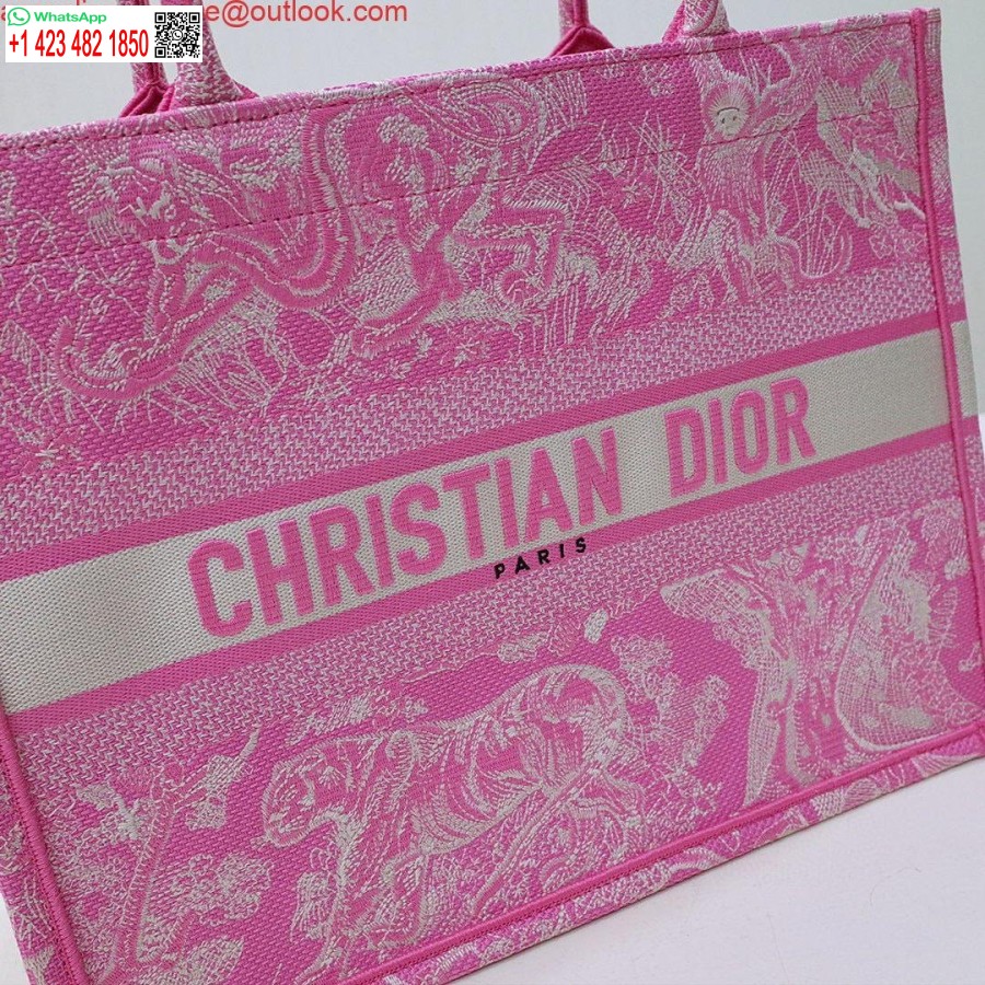 Replica Dior M1296 Borsa Tote Media Neon Rosa Toile De Jouy Ricamo Inverso