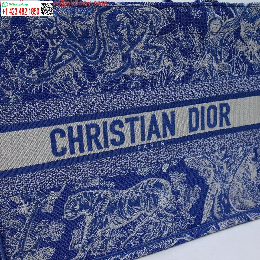 Replica Dior M1296 Tote Per Libri Media Neon Blu Toile De Jouy Ricamo Inverso