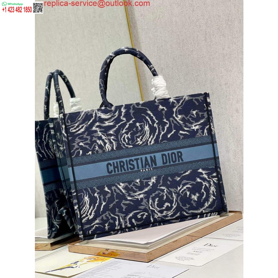 Replica Dior M1286 Borsa Grande Per Libri Blu Ricamo Rose Dior