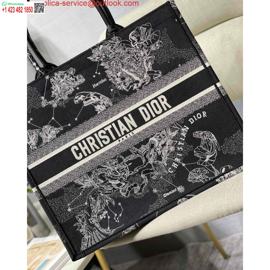 نسخة طبق الأصل من Dior M1286 حقيبة كبيرة للكتاب باللون الأسود Toile De Jouy Zodiac Latte التطريز