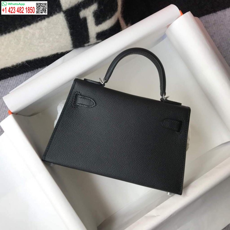 Réplica De Bolso Hermes Kelly Hermes 19cm Mini Bolso De Hombro Epsom Hebilla Plateada Negra 20456