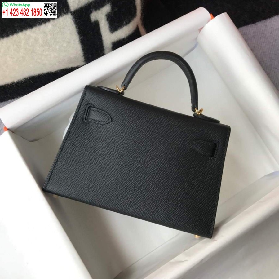 Réplica De Bolso Hermes Kelly Hermes 19cm Mini Bolso De Hombro Epsom Hebilla De Oro Negro 20455