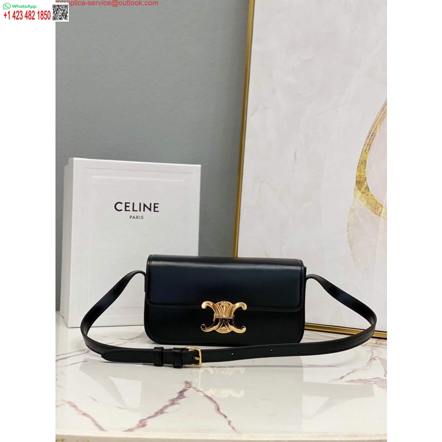 Replika Celine 194143 Triomphe Torba Za čez Ramo Iz Naravnega črnega Telečjega Usnja