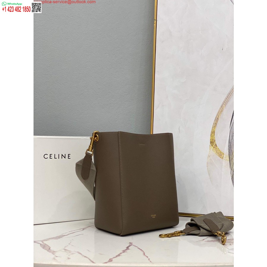 Replică Celine 178303 Sangle Geantă Mică Găleată Din Piele De Vițel Granulată Moale Maro