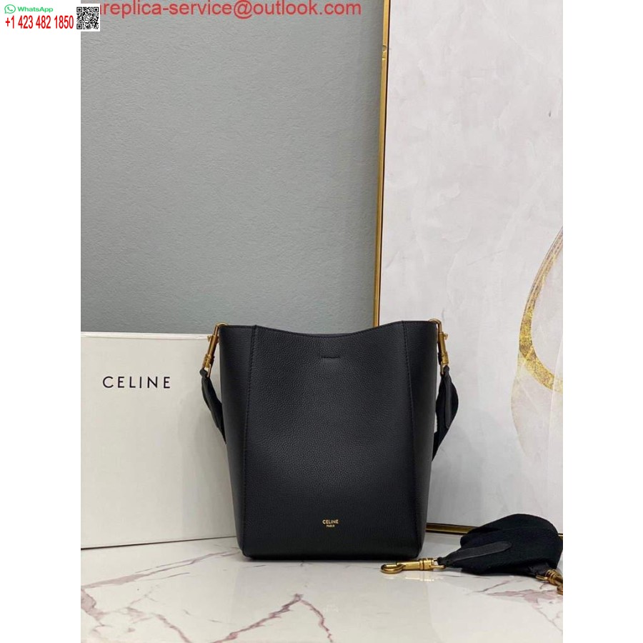 реплика Celine 178303 малка чанта тип кофа от мека зърнеста телешка кожа в черно