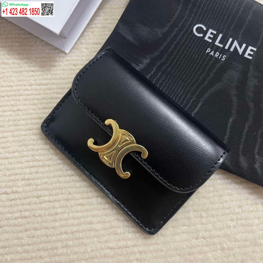 Replika Tempat Kartu Celine 10i583 Dengan Penutup Triomphe Berwarna Hitam Kulit Anak Sapi Mengkilat