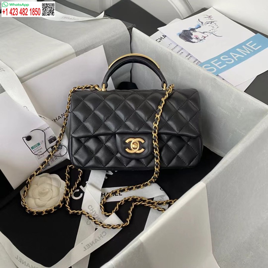 Replica Chanel Mini Borsa Con Patta A Specchio In Pelle Di Agnello 1:1 Con Manico Superiore Nero Britannico As2431