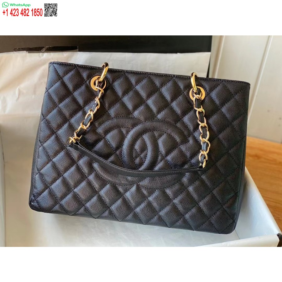 Replică Chanel Grand Shopping Tote Negru De Calitate Superioară Caviar Matlasat înalt A50995