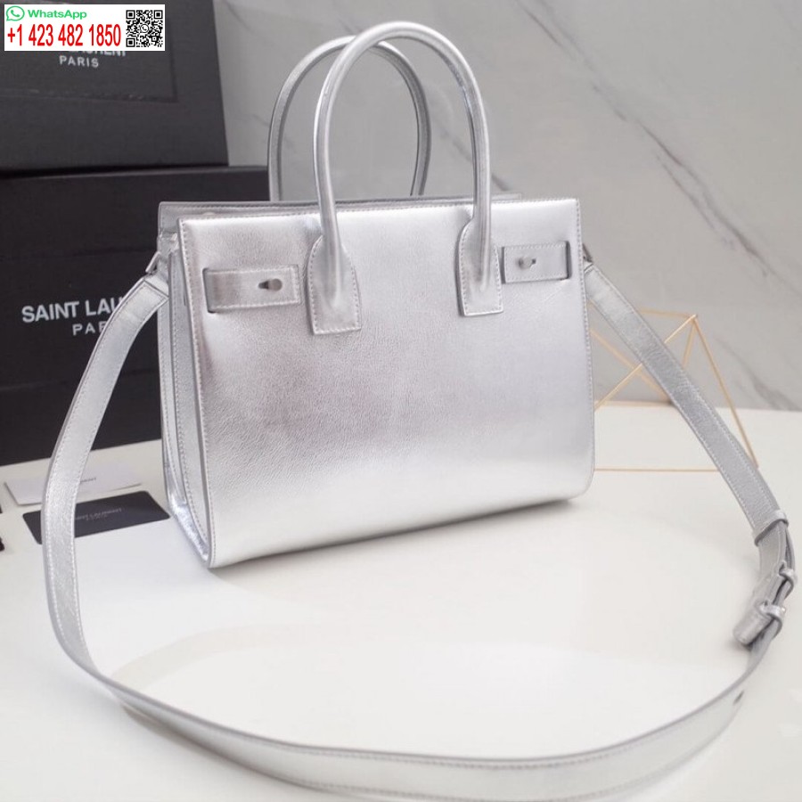 Replica Saint Knockoff Laurent Sac Ispirato De Jour Souple Baby In Pelle Di Vitello Argento Stropicciata 477477