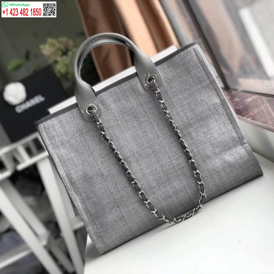 Replika Chanel Deauville Tote Nakavt 38cm Kanvas Çanta Lüks A66941 Kül Grisi