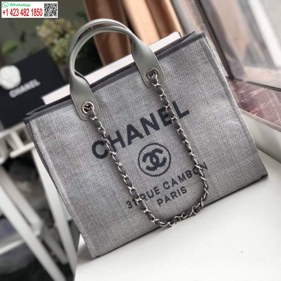 Replika Chanel Deauville Tote Nakavt 38cm Kanvas Çanta Lüks A66941 Kül Grisi