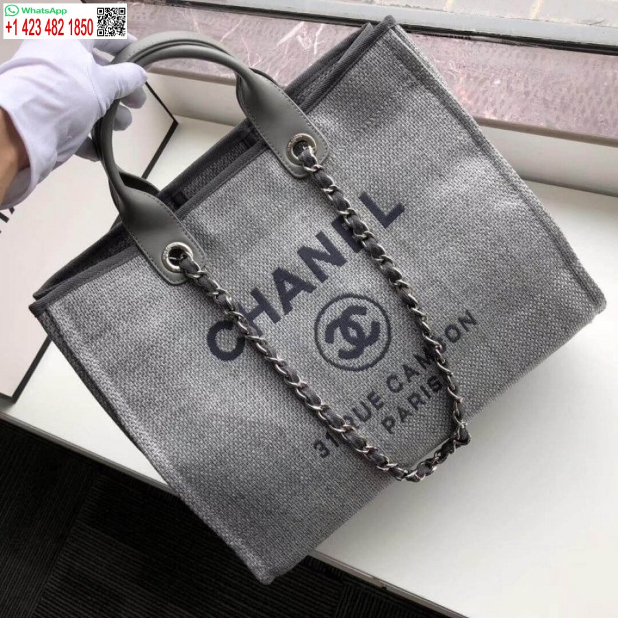 Replika Chanel Deauville Tote Nakavt 38cm Kanvas Çanta Lüks A66941 Kül Grisi