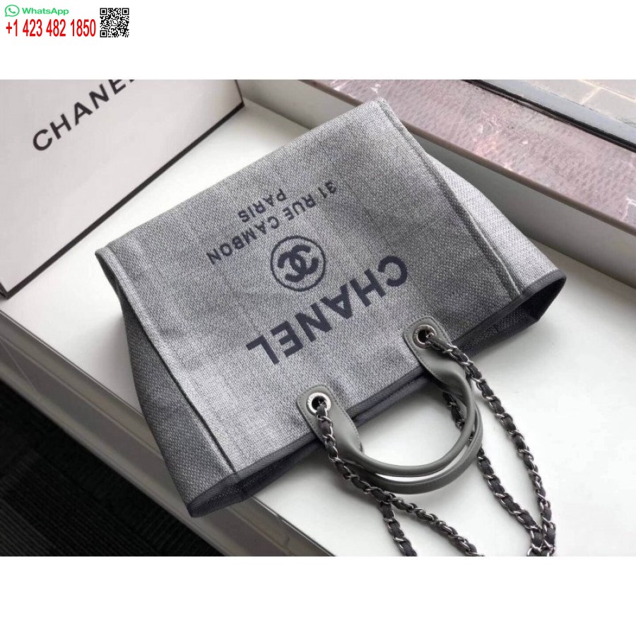 Replika Chanel Deauville Tote Nakavt 38cm Kanvas Çanta Lüks A66941 Kül Grisi