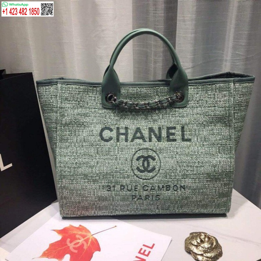 Replika Chanel Deauville Tote Knockoff 38cm Plátenná Taška Vysoká A66941 Figová Zelená