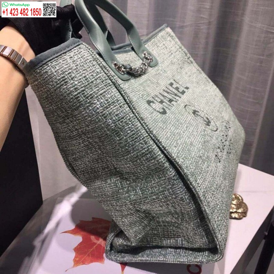 Replika Chanel Deauville Tote Knockoff 38cm Plátenná Taška Vysoká A66941 Figová Zelená