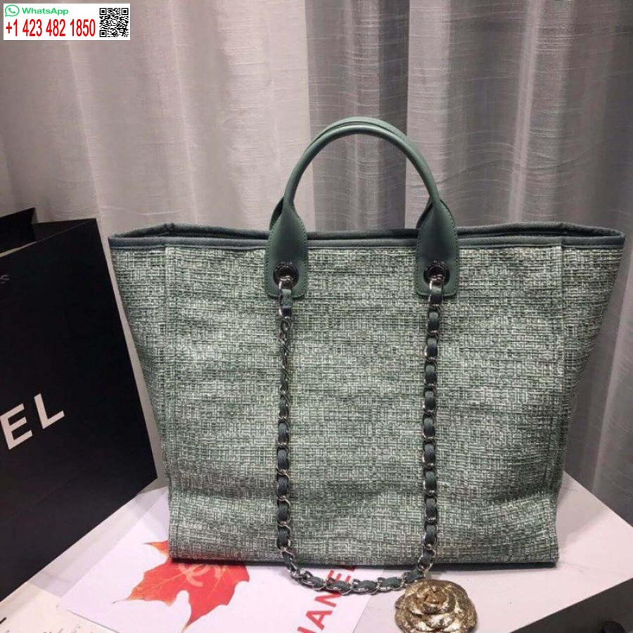 Replika Chanel Deauville Tote Knockoff 38cm Plátenná Taška Vysoká A66941 Figová Zelená