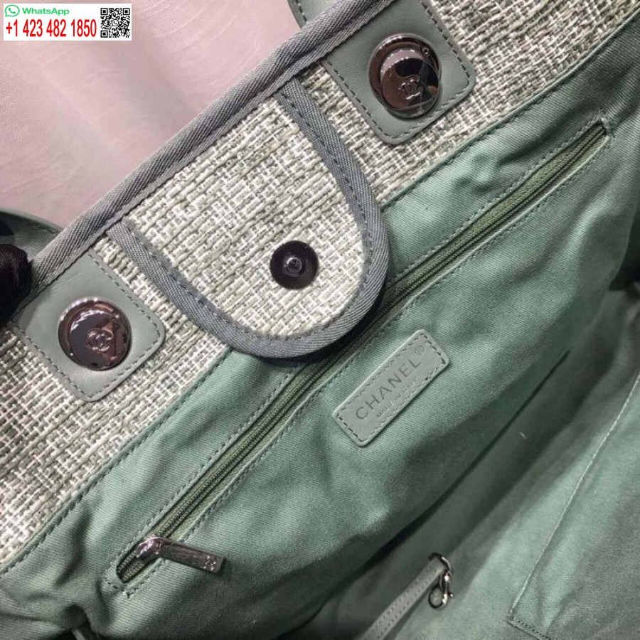 Replika Chanel Deauville Tote Knockoff 38cm Plátenná Taška Vysoká A66941 Figová Zelená