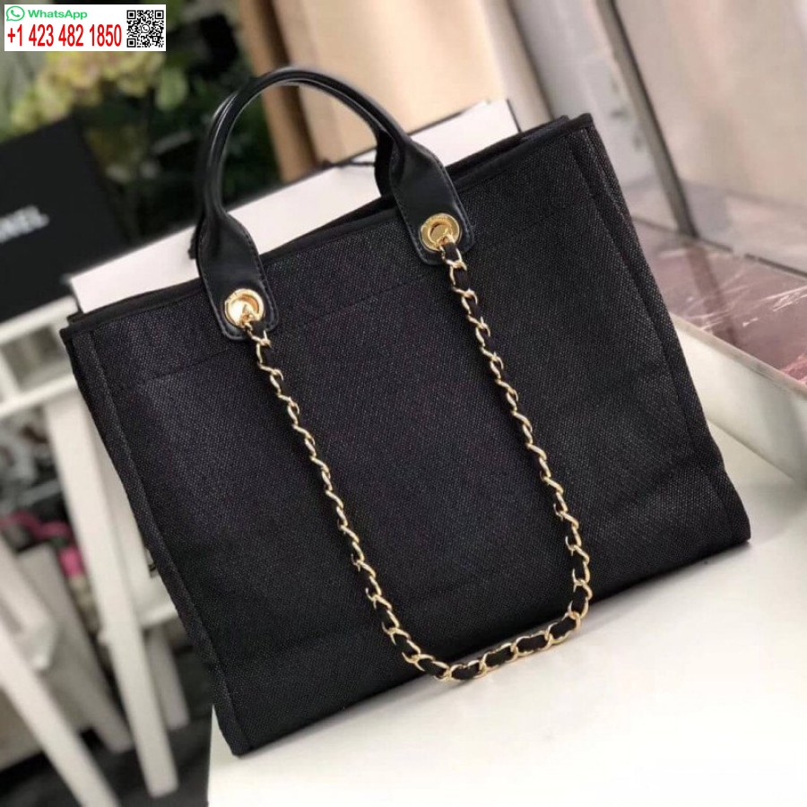 çoğaltma Chanel Deauville Tote Yüksek Kaliteli 38cm Kanvas Çanta 7 Yıldız A66941 Siyah / Gri