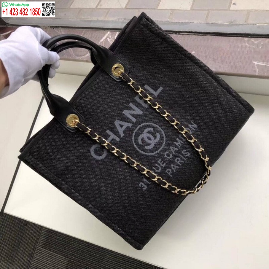 çoğaltma Chanel Deauville Tote Yüksek Kaliteli 38cm Kanvas Çanta 7 Yıldız A66941 Siyah / Gri