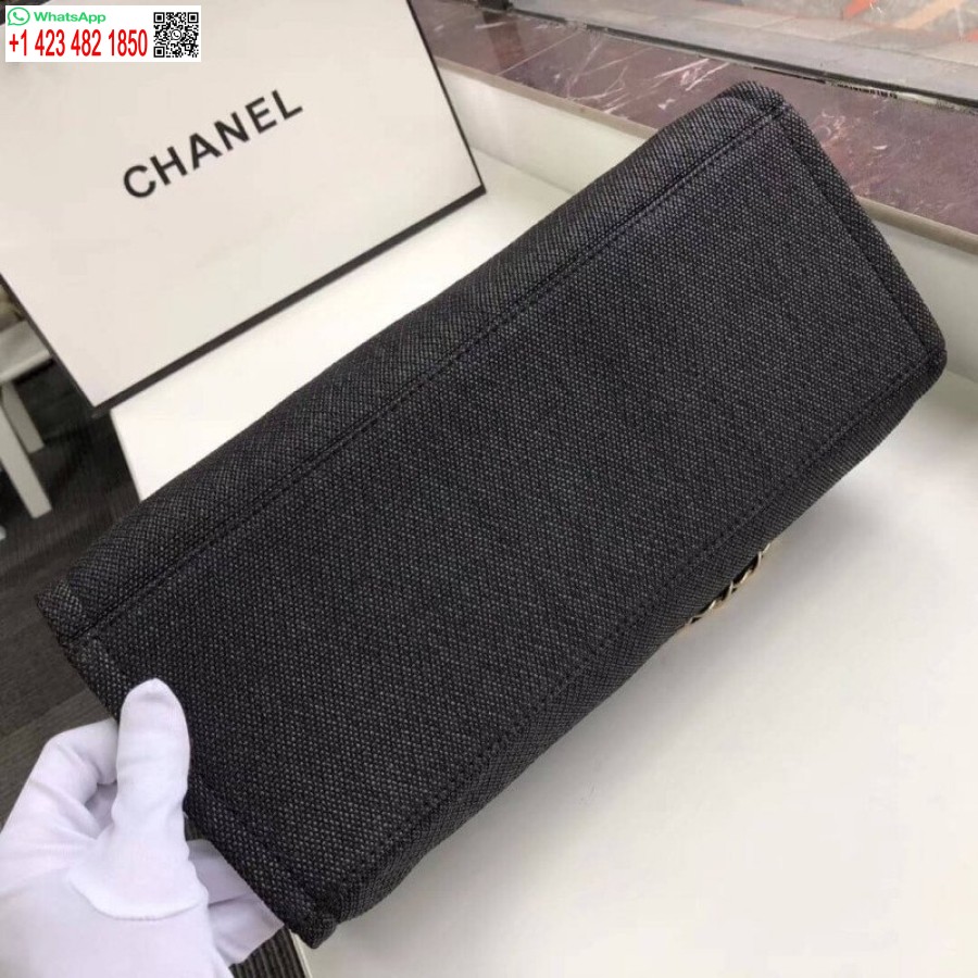 çoğaltma Chanel Deauville Tote Yüksek Kaliteli 38cm Kanvas Çanta 7 Yıldız A66941 Siyah / Gri