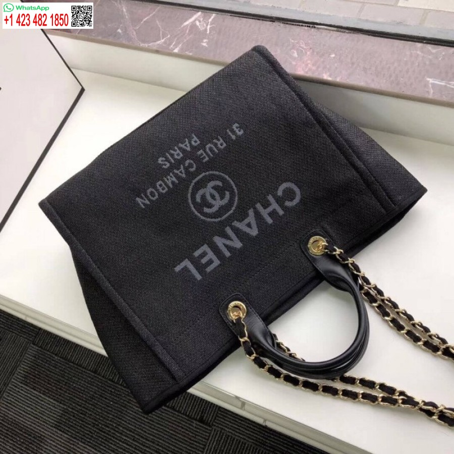 çoğaltma Chanel Deauville Tote Yüksek Kaliteli 38cm Kanvas Çanta 7 Yıldız A66941 Siyah / Gri