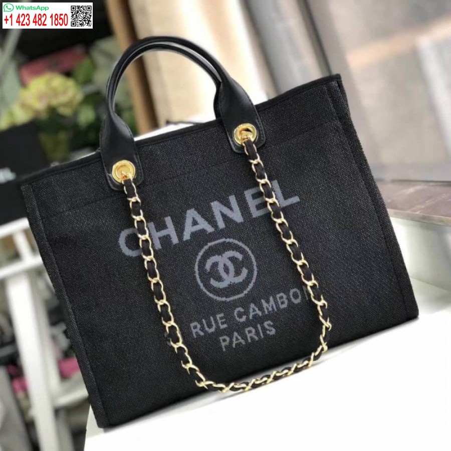 Chanel Deauville Tote Replika Aukštos Kokybės 38 Cm Drobinis Krepšys 7 žvaigždučių A66941 Juoda / Pilka