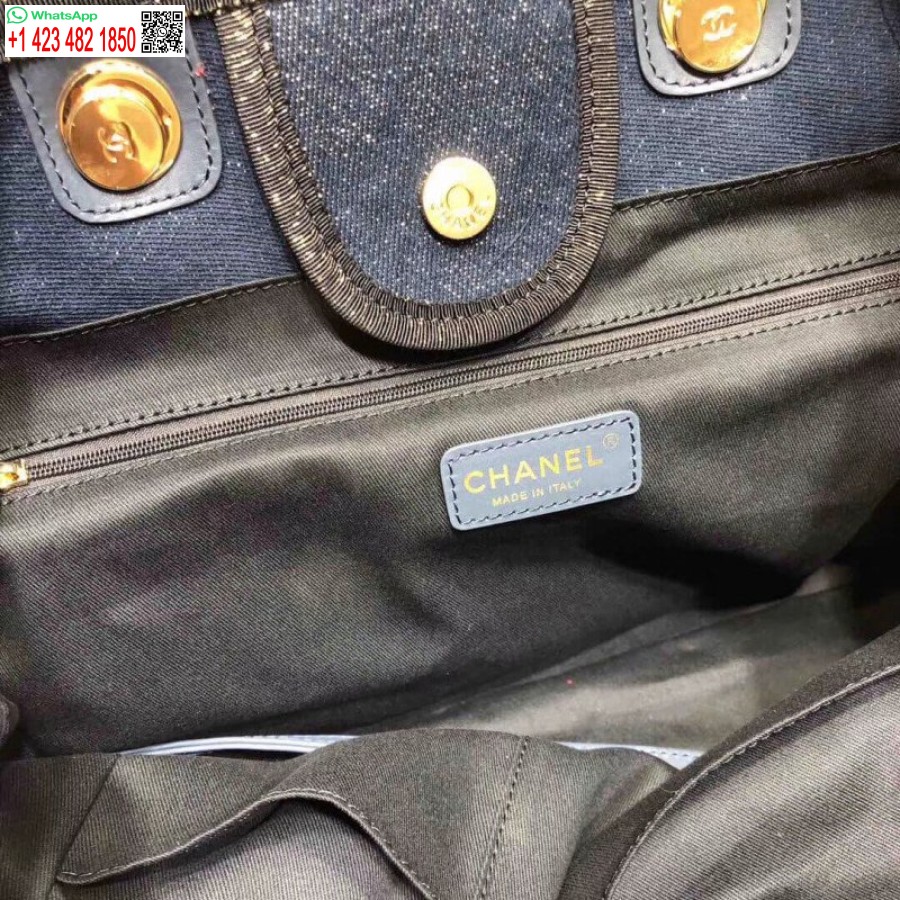 Replika Tas Jinjing Chanel Deauville Tinggi 38cm Tas Kanvas Murah A66941 Denim Biru/emas