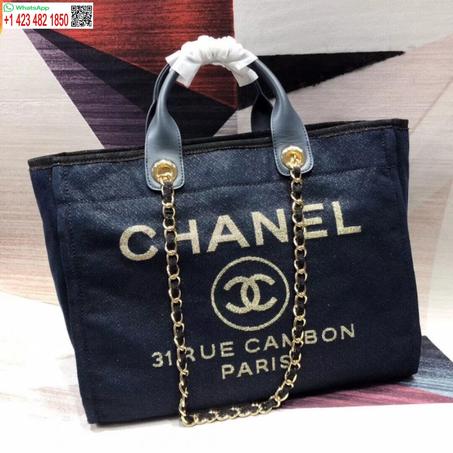 Replika Tas Jinjing Chanel Deauville Tinggi 38cm Tas Kanvas Murah A66941 Denim Biru/emas