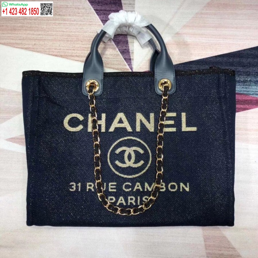 Replika Tas Jinjing Chanel Deauville Tinggi 38cm Tas Kanvas Murah A66941 Denim Biru/emas