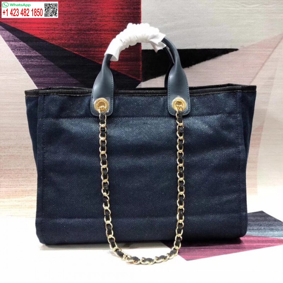 Replika Tas Jinjing Chanel Deauville Tinggi 38cm Tas Kanvas Murah A66941 Denim Biru/emas