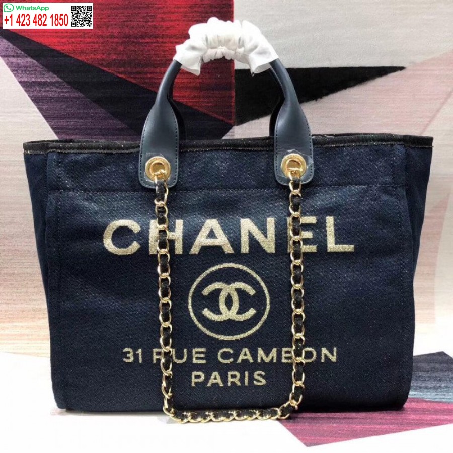 Replika Tas Jinjing Chanel Deauville Tinggi 38cm Tas Kanvas Murah A66941 Denim Biru/emas