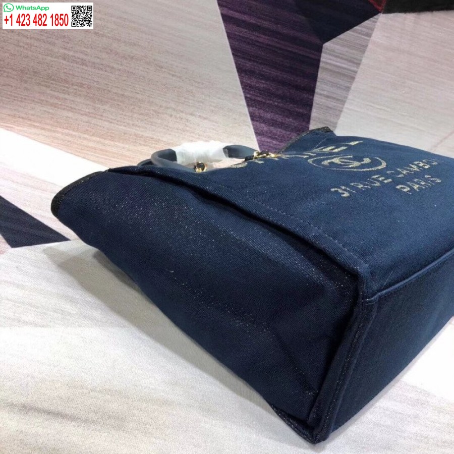 Replika Tas Jinjing Chanel Deauville Tinggi 38cm Tas Kanvas Murah A66941 Denim Biru/emas