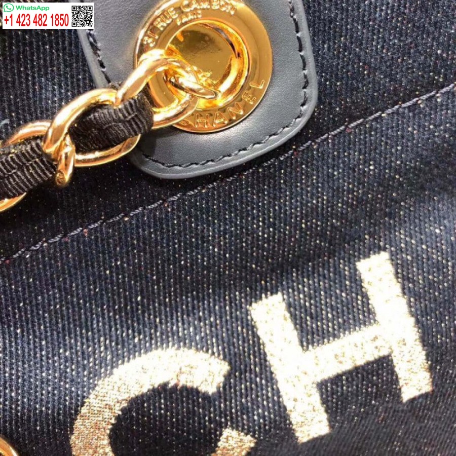 Replika Tas Jinjing Chanel Deauville Tinggi 38cm Tas Kanvas Murah A66941 Denim Biru/emas