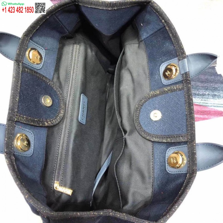 Replika Tas Jinjing Chanel Deauville Tinggi 38cm Tas Kanvas Murah A66941 Denim Biru/emas
