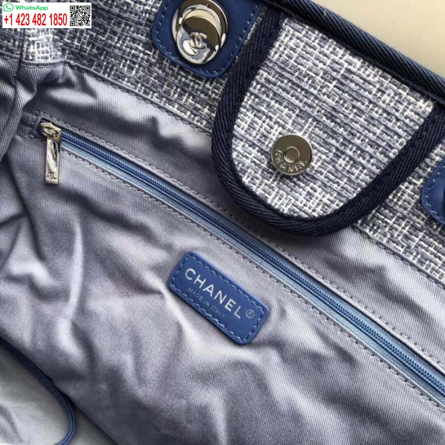 Replika Chanel Deauville Tote Terbaik 38cm Kanvas 1:1 Tas Cermin A66941 Biru Jacquard