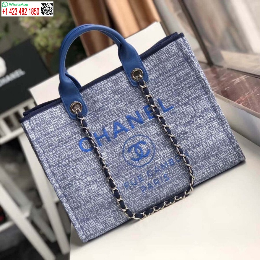 Replika Chanel Deauville Tote Terbaik 38cm Kanvas 1:1 Tas Cermin A66941 Biru Jacquard