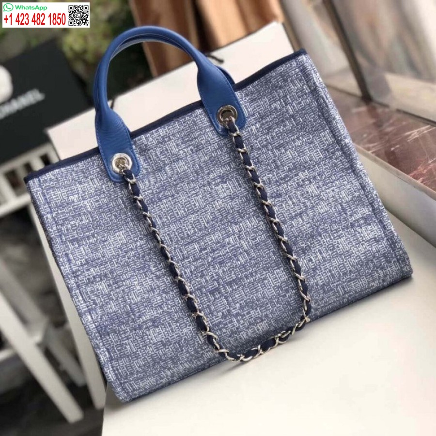 Replika Chanel Deauville Tote Terbaik 38cm Kanvas 1:1 Tas Cermin A66941 Biru Jacquard